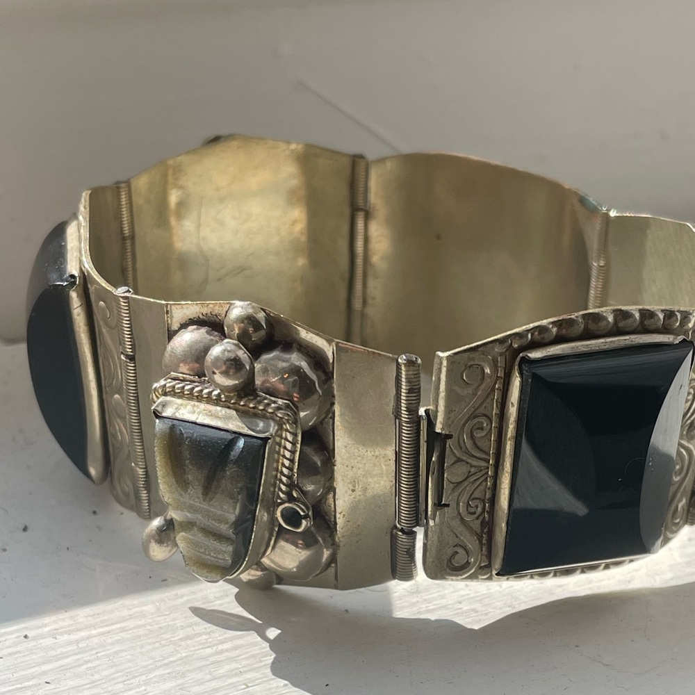Vintage Sterling Silver Hecho En Mexico Aztec Mask Carved Onyx Panel B…